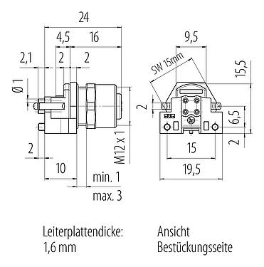 Maßzeichnung M12 Flanschdose, Polzahl: 4, schirmbar, THR, IP67, UL 2238, M12x1,0, Rückwandmontage