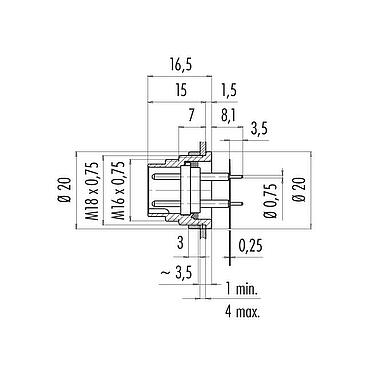 Schaaltekening M16 Male panel mount connector, aantal polen: 7 (07-a), onafgeschermd, THT, IP40, M18x0,75, Achterwandmontage