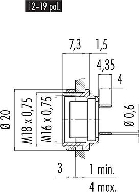 比例图 M16 孔头法兰座, 极数: 16, 非屏蔽, THT, IP40, M18x0,75, 後壁安裝