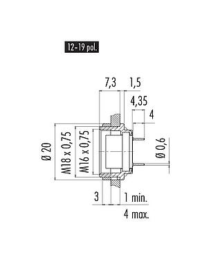 스케일 드로잉 09 0054 90 14 - M16 플랜지 리셉터클, 콘택트 렌즈: 14 (14-b), 차폐되지 않음, THT, IP40, 전면 마운팅