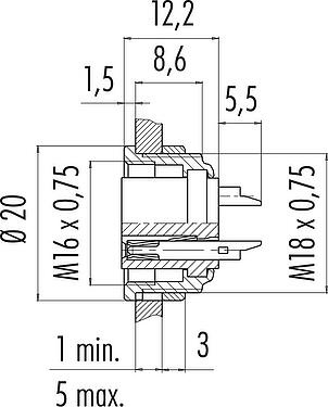 Scale drawing M16 Female panel mount connector, Contacts: 7 (07-a), unshielded, solder, IP40, M18x0,75, Front mounting