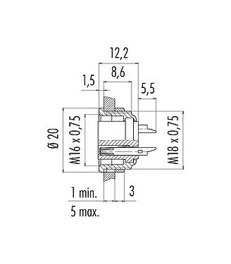Maßzeichnung M16 Flanschdose, Polzahl: 7 (07-a), ungeschirmt, löten, IP40, M18x0,75, Frontmontage