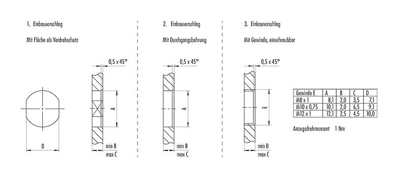 Montageanleitung / Montageausschnitt M8 Flanschdose, Polzahl: 4, geschirmt, mit Kabel konfektioniert, IP67, M10x0,75, Ethernet, PUR, grün, 4 x AWG 22, Rückwandmontage, vergossen, 0,5 m