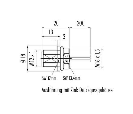 Maßzeichnung M12 Flanschstecker, Polzahl: 5, ungeschirmt, Litzen, IP68, UL 2238, M16x1,5, Frontmontage