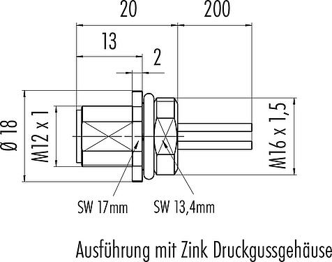 Maßzeichnung M12 Flanschstecker, Polzahl: 5, ungeschirmt, Litzen, IP68, UL 2238, M16x1,5, Frontmontage