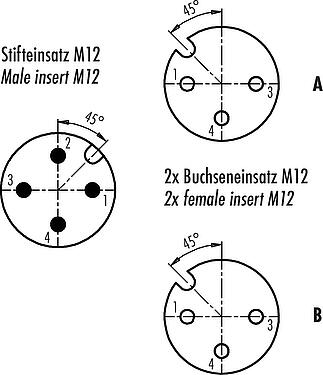Contact arrangement (Plug-in side) M12 Twin distributors, Y-distributor, male connector - 2 female connector, Contacts: 4/3, unshielded, pluggable, IP68, UL 2238