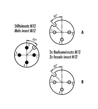 Polbild (Steckseite) M12 Zweifachverteiler, Y-Verteiler, Stecker - 2 Dosen, Polzahl: 4/3, ungeschirmt, steckbar, IP68, UL 2238