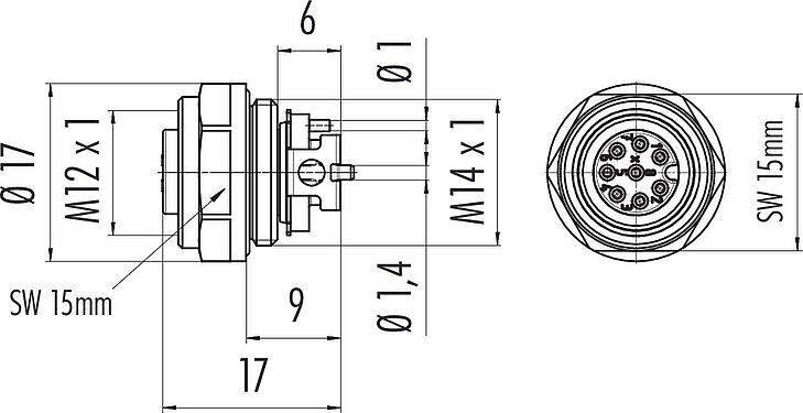 Dessin coté M12 Embase femelle, Contacts: 8, non blindé, SMT, IP67, M14x1,0, Montage frontal