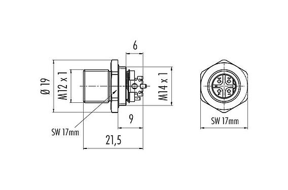 Méretarányos rajz M12 panelre szerelhető csatlakozó, : 4, árnyékolható, SMT, IP67, M14x1,0, hátsó panel felszerelés