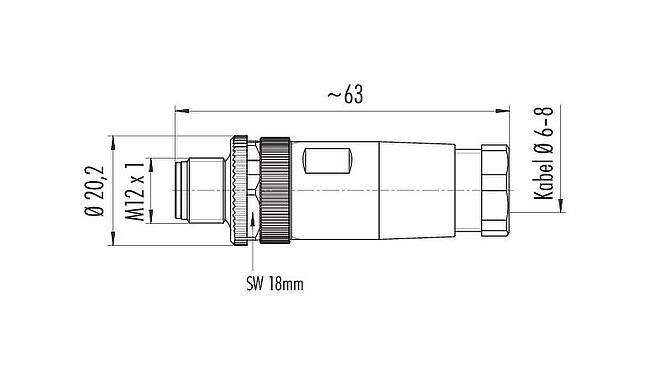 Maßzeichnung M12 Kabelstecker, Polzahl: 4, 6,0-8,0 mm, ungeschirmt, schraubklemm, IP67, UL 2238, VDE