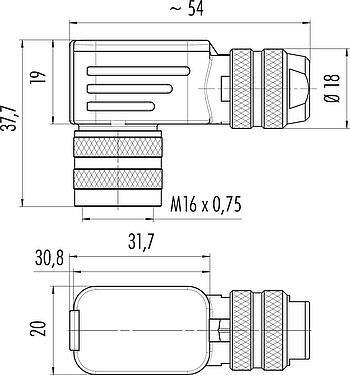 Schaaltekening M16 Female haakse connector, aantal polen: 7 (07-a), 4,0-6,0 mm, schermbaar, krimpen (krimpcontacten dienen afzonderlijk te worden besteld), IP67, UL 2238