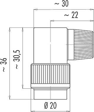 Scale drawing Bayonet Female angled connector, Contacts: 2, 6.0-8.0 mm, unshielded, solder, IP40