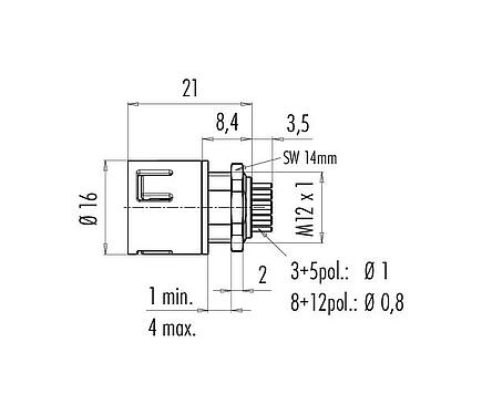 Maßzeichnung Snap-In Flanschstecker, Polzahl: 5, ungeschirmt, THT, IP67, M12x1,0, Frontmontage