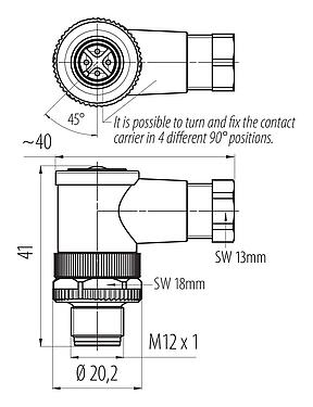 스케일 드로잉 99 0429 27 04 - M12 각진 플러그, 콘택트 렌즈: 3, 4.0-6.0mm, 차폐되지 않음, 나사 클램프, IP67, UL
