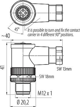 Scale drawing M12 Male angled connector, Contacts: 4, 2.5-3.5 mm, unshielded, screw clamp, IP67