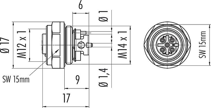 Scale drawing M12 Female panel mount connector, Contacts: 5, shieldable, SMT, IP67, M14x1.0, Front mounting