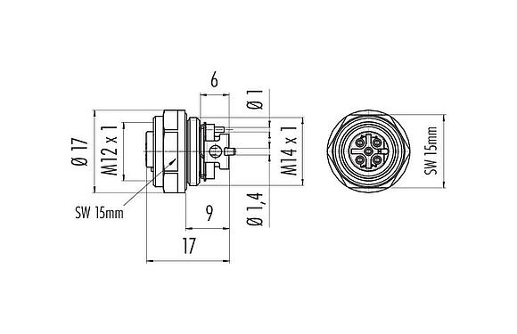 Maßzeichnung M12 Flanschdose, Polzahl: 5, schirmbar, SMT, IP67, M14x1,0, Frontmontage