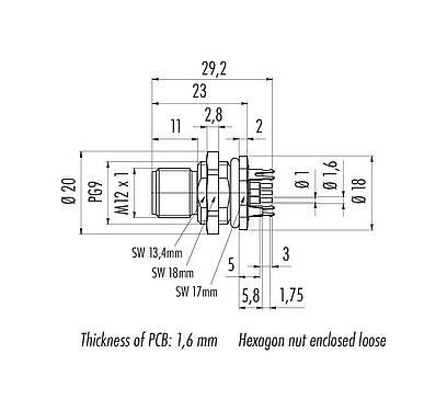 Dessin coté M12 Embase mâle, Contacts: 5, blindable, THT, IP68, UL 2238, PG 9, Montage mural arrière