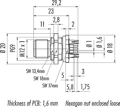 Scale drawing M12 Male panel mount connector, Contacts: 5, shieldable, THT, IP68, UL 2238, PG 9, Rear mounting, potted
