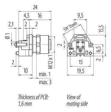 Scale drawing M12 Female panel mount connector, Contacts: 4, unshielded, THR, IP67, UL 2238, M12x1.0, Rear mounting