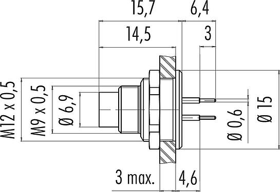 Scale drawing M9 Male panel mount connector, Contacts: 5, unshielded, THT, IP67, M12x0.5, Rear mounting, potted