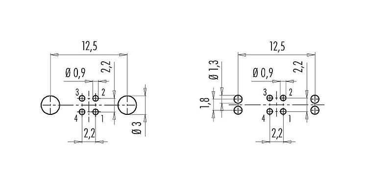 Layout dos condutores M9 Bujão flangeado, Contatos: 4, blindável, THT, IP67, M12x0,5, Montagem no painel traseiro