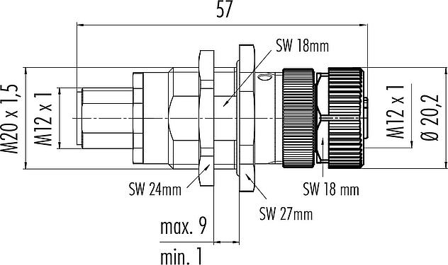 Scale drawing M12 Lead-through for control cabinet, Contacts: 12, shielded, pluggable, IP40, Rear mounting