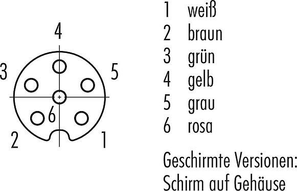 Polbild (Steckseite) M8 Kabeldose, Polzahl: 6, geschirmt, am Kabel angespritzt, IP67/IP69K, M8x1,0, PUR, schwarz, 6 x 0,25 mm², 5 m