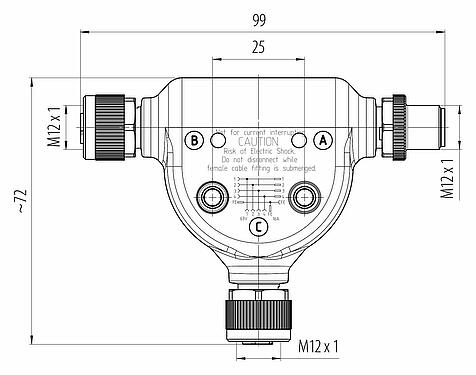 Maßzeichnung M12 Zweifachverteiler, T-Verteiler, Stecker - 2 Dosen, Polzahl: 4+FE, ungeschirmt, IP65, M12x1,0