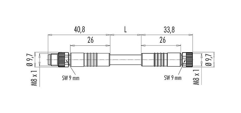 Scale drawing M8 Connecting cable male cable connector - female cable connector, Contacts: 4, unshielded, moulded on the cable, IP67/IP69K, UL 2238, PUR, black, 4 x 0.34 mm², 2 m