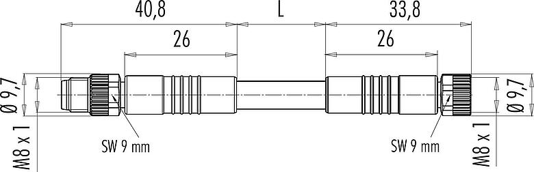 Desenho da escala M8 Cabo de conexão plugue de cabo - tomada de cabo, Contatos: 4, desprotegido, moldado no cabo, IP67/IP69K, UL 2238, PUR, preto, 4 x 0,34 mm², 1 m