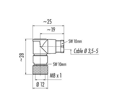 Disegno in scala M8 Connettore angolare femmin, Numero poli: 4, 3,5-5,0 mm, non schermato, saldare, IP67, UL 2238
