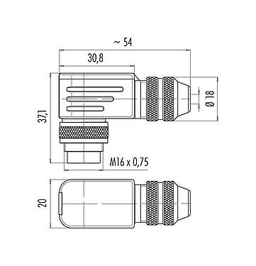 Scale drawing M16 Male angled connector, Contacts: 3 (03-a), 4.0-6.0 mm, shieldable, solder, IP67, UL 2238