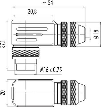 Rysunek z wymiarami M16 Męskie złącze kablowe kątowe, Kontaktów: 19 (19-a), 4,0-6,0 mm, do ekranowania, lutowanie, IP67, UL 2238