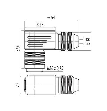 Disegno in scala M16 Connettore angolare femmin, Numero poli: 5 (05-b), 4,0-6,0 mm, schermabile, saldare, IP67, UL 2238
