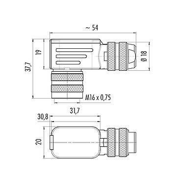 Disegno in scala M16 Connettore angolare femmin, Numero poli: 6 (06-a), 6,0-8,0 mm, schermabile, crimpare (I contatti a crimpare devono essere ordinati separatamente), IP67, UL 2238