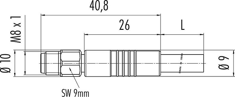 Dessin coté M8 Connecteur mâle, Contacts: 8, non blindé, surmoulé sur le câble, IP67/IP69K, UL 2238, PUR, noir, 8 x 0,25 mm², Acier inoxydable, 2 m