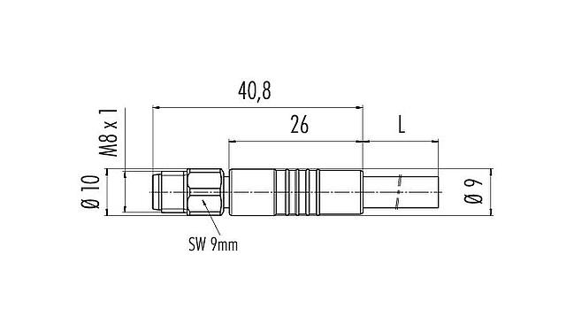 Scale drawing M8 Male cable connector, Contacts: 4, unshielded, moulded on the cable, IP67/IP69K, UL 2238, PVC, grey, 4 x 0.34 mm², stainless steel, 2 m