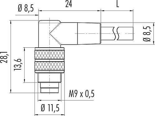 Desenho da escala M9 Plugue angular, Contatos: 8, desprotegido, moldado no cabo, IP67, PUR, preto, 8 x 0,14 mm², 5 m