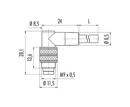Skalritning M9 Vinkelplugg, antal poler: 5, oskärmad, fastgjuten på kabeln, IP67, PUR, svart, 5 x 0,25 mm², 2 m