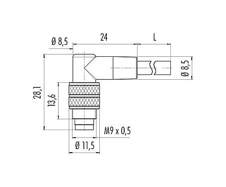Scale drawing 79 1451 272 03 - M9 Male angled connector, Contacts: 3, unshielded, moulded on the cable, IP67, PUR, black, 3 x 0.25 mm², 2 m