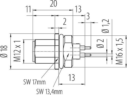 Méretarányos rajz M12 panelre szerelhető csatlakozó, : 4, árnyékolatlan, THT, IP68, UL 2238, M16x1,5, elülső rögzítés