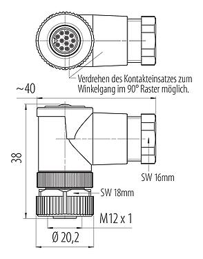 Maßzeichnung 99 0492 52 12 - M12 Winkeldose, Polzahl: 12, 6,0-8,0 mm, ungeschirmt, löten, IP67, UL