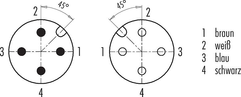 Polbild (Steckseite) M12 Verbindungsleitung Kabelstecker - Kabeldose, Polzahl: 4, ungeschirmt, am Kabel angespritzt, IP67/IP69K, UL 2238, PUR, schwarz, 4 x 0,34 mm², 2 m