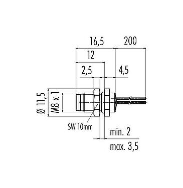 Schaaltekening M8 Male panel mount connector, aantal polen: 3, onafgeschermd, draden, IP67, UL 2238, M8x1,0, Achterwandmontage, gegoten
