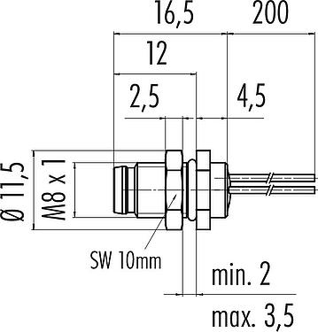 Scale drawing M8 Male panel mount connector, Contacts: 4, unshielded, single wires, IP67, UL 2238, M8x1.0, Rear mounting, potted