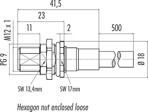 Scale drawing M12 Male panel mount connector, Contacts: 5, shielded, with cable assembled, IP68, PG 9, PUR, black, 5 x 0.25 mm², Rear mounting, 0.5 m