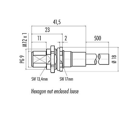 Méretarányos rajz M12 panelre szerelhető csatlakozó, : 8, árnyékolt, kábelre konfekcionált, IP68, PG 9, PUR, fekete, 8 x 0,25 mm², hátsó panel felszerelés, 0,5 m