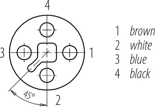 Disposition des contacts (Côté plug-in) M12 Connecteur femelle coudé, Contacts: 4, non blindé, surmoulé sur le câble, IP68, UL, PUR, noir, 4 x 1,50 mm², 2 m