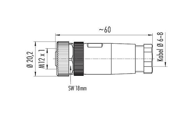 Maßzeichnung M12 Kabeldose, Polzahl: 2+PE, 6,0-8,0 mm, ungeschirmt, schraubklemm, IP67, UL 2238